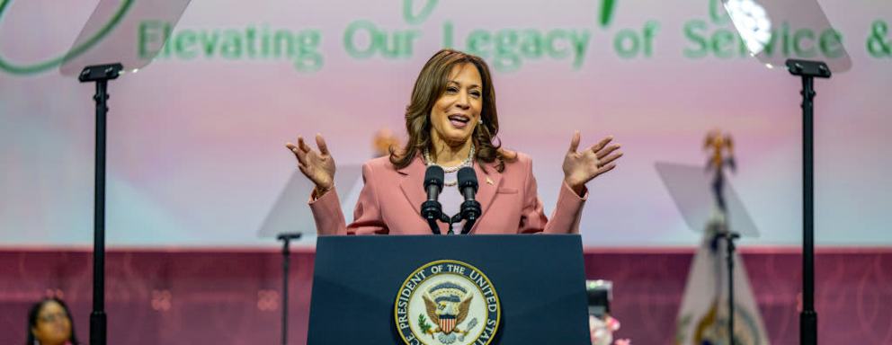 Kamala Harris speaks to Alpha Kappa Alpha Sorority members at the Kay Bailey Hutchison Convention Center on July 10, 2024 in Dallas, Texas. The Vice President spoke to approximately 20,000 members from her sorority in a continued effort to rally support ahead of the upcoming November Presidential election.