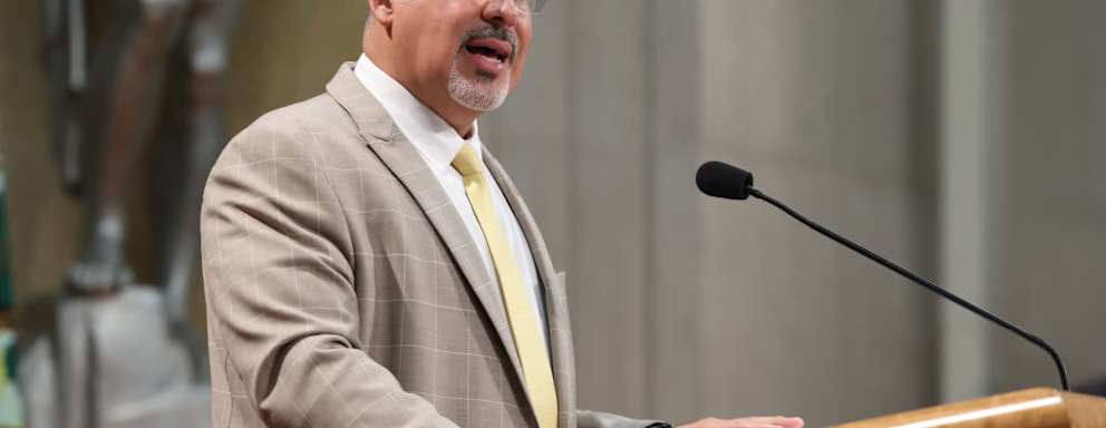 US Secretary of Education Miguel Cardona delivers remarks at an event honoring the 70th anniversary of the Brown v. Board of Education Supreme Court decision, at the Justice Department on May 14, 2024 in Washington, DC.