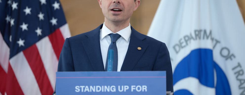 US Transportation Secretary Pete Buttigieg speaks to members of the press during a news conference at Washington National Airport on April 24, 2024 in Arlington, Virginia.
