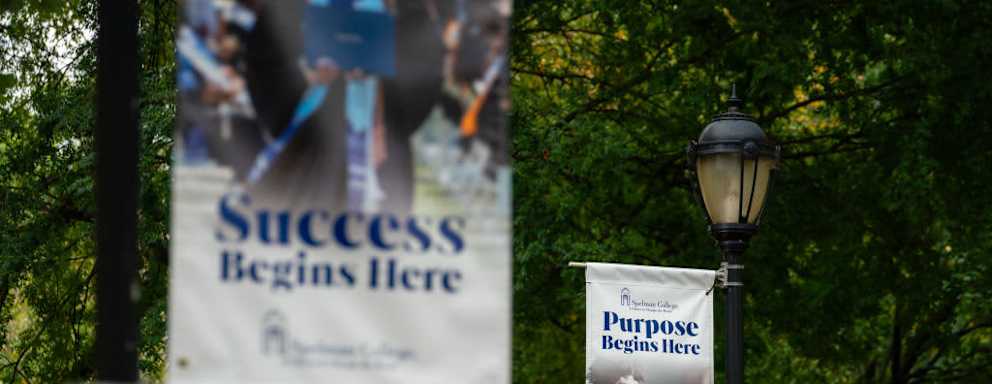 Promotional school program banners line the walkways at Spelman College in Atlanta, Georgia.