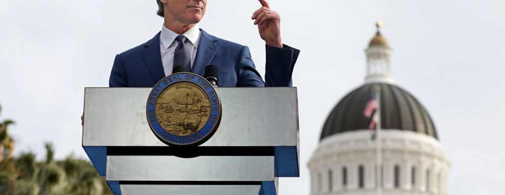 SACRAMENTO, CA - JANUARY 06: Gov. Gavin Newsom gives the inaugural address after taking the oath of office being sworn in by Chief Justice Patricia Guerrero, at his inauguration ceremony at the Capitol Mall on Friday, Jan. 6, 2023 in Sacramento, CA. Gov. Gavin Newsom celebrated the start of his second term Friday on the second anniversary of the attack on the U.S. Capitol.