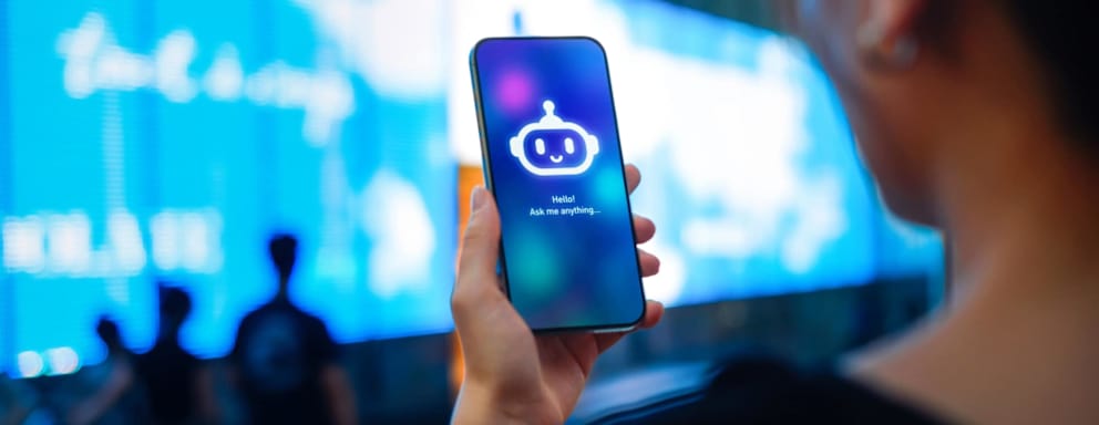 woman standing against illuminated digital display on the street in city, speaking to virtual assistant, chatting AI chatbot app on smartphone