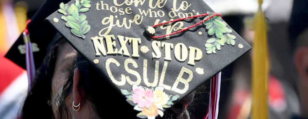 A close up image of a decorated graduation cap from Long Beach City College.
