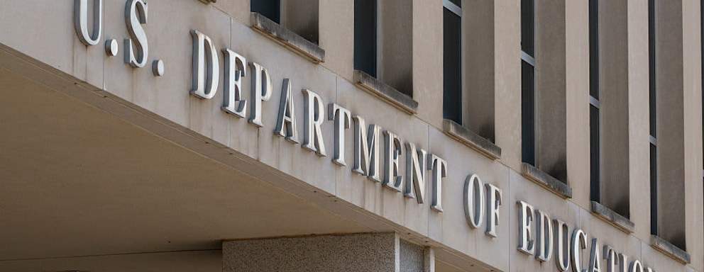 WASHINGTON, DC - MAY 18: A sign is displayed outside of the Lyndon Baines Johnson Department of Education building on May 18, 2025 in Washington, DC.