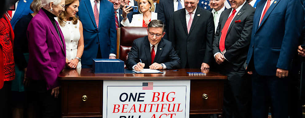 House Speaker Mike Johnson (R-LA) signs the "Big Beautiful Bill Act" on Capitol Hill on Thursday July 3, 2025