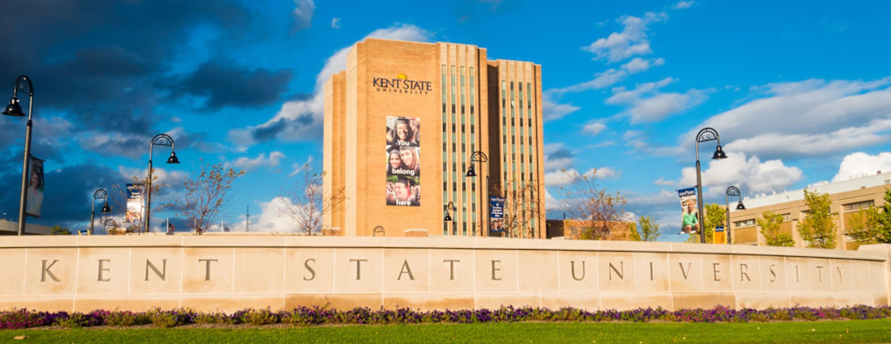 Kent, USA - September 21, 2014: Kent State University campus with the library building in Kent, Ohio.