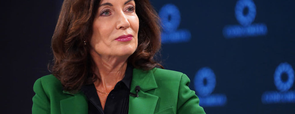 NEW YORK, NEW YORK - SEPTEMBER 20: New York State Governor, Kathy Hochul speaks on stage during The 2022 Concordia Annual Summit - Day 2 at Sheraton New York on September 20, 2022 in New York City. (Photo by Leigh Vogel/Getty Images for Concordia Summit)