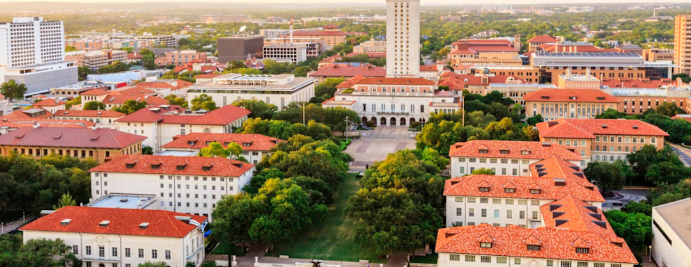 University of Texas Austin campus at sunset-dusk - aerial view