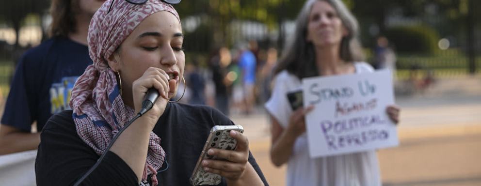 A group of human rights activists hold a rally and protest outside the White House in Washington, DC, to demand that the charges against the Tampa 5 be dropped. The Tampa 5 are five activists who are facing felony charges after being brutalized by police for protesting against the removal of diversity, equity and inclusion initiatives on campus.
