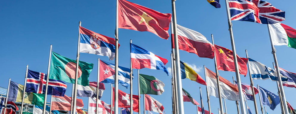 International flags outside the UN building in New York City.