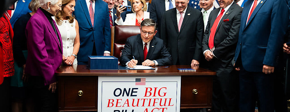 House Speaker Mike Johnson (R-LA) signs the "Big Beautiful Bill Act" on Capitol Hill on Thursday July 3, 2025