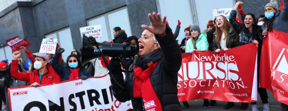 Nurses striking outside of Mount Sinai Hospital in New York City