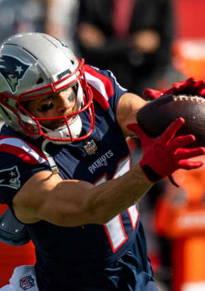 Julian Edelman of the New England Patriots warms up before a game against the Denver Broncos on October 18, 2020.