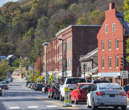 Main Street in Montpelier, Vermont on a sunny day
