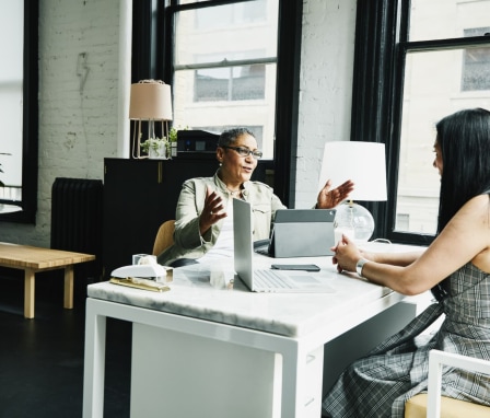 Female financial advisor in discussion with mature female business owner at desk in office