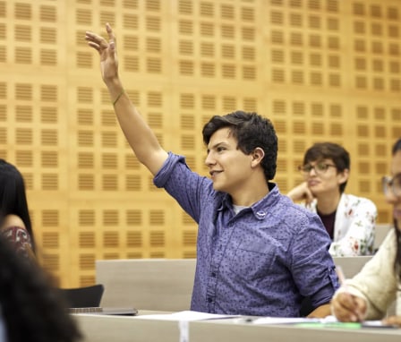 Student raising their hand in lecture hall