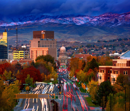 Boise, Idaho skyline in autumn with mountains in background