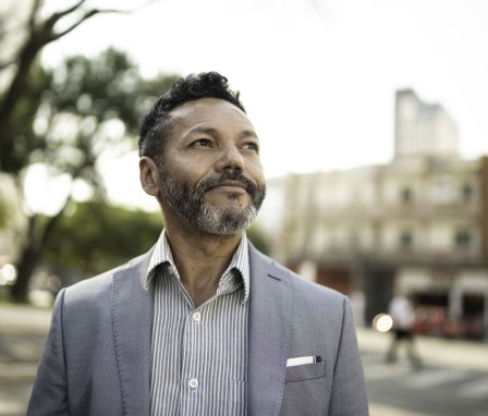 Businessman smiling outside