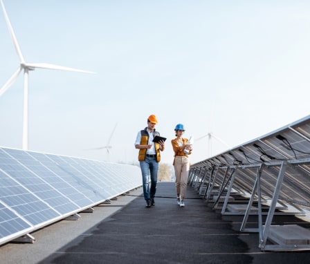 Two professionals walking through a solar power plant