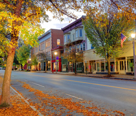 Small town street in Bennington, Vermont in autumn