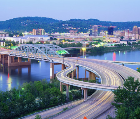 Charleston, WV aerial view in the evening