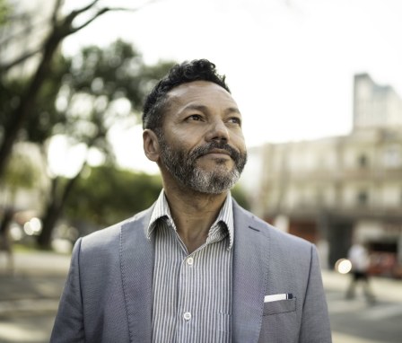 Businessman smiling outside