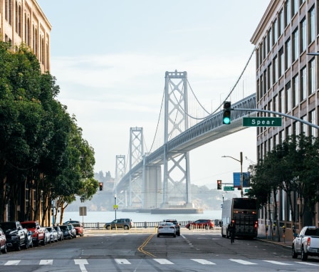 View of Golden Gate Bridge from a city street