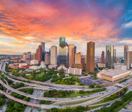Houston, Texas skyline at sunset