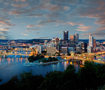 Pittsburgh, Pennsylvania skyline on a cloudy day at dusk