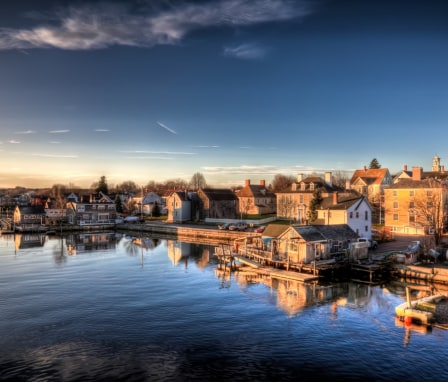 Waterfront buildings in Portsmouth, New Hampshire at sunrise