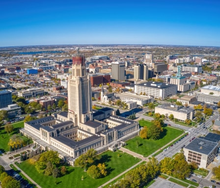 Aerial view of Lincoln, Nebraska on a sunny day