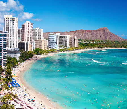 Waikiki Beach on a sunny day in Honolulu, Oahu