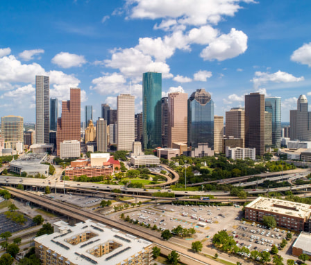 Aerial view of downtown Houston, Texas, on a sunny day.