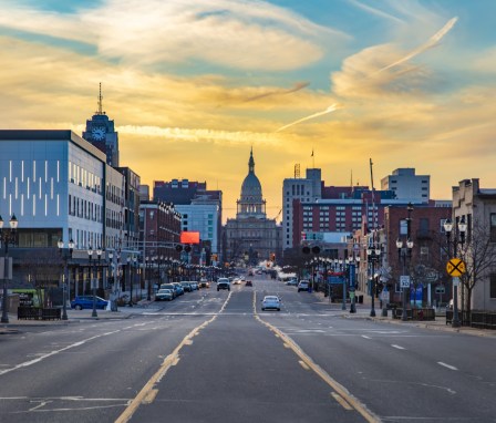 Downtown Lansing, Michigan street at sunset