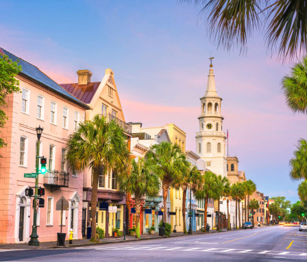 Charleston, South Carolina, in the French Quarter at twilight.