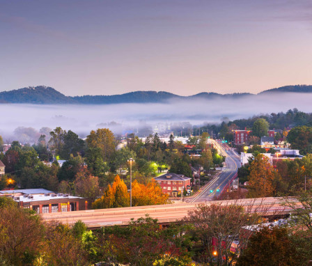 Downtown Asheville, North Carolina, at dusk.