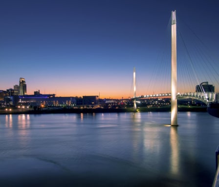 Bob Kerry Pedestrian Bridge, named after the former senator from Nebraska, is a cable-stayed foot bridge over the Missouri River. The bridge connects Omaha, Nebraska, to Council Bluffs, Iowa, and was the first ever pedestrian bridge to connect two states.