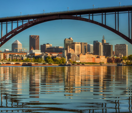 Downtown St. Paul, Minnesota, in the morning, framed by the High Bridge over the Mississippi River.