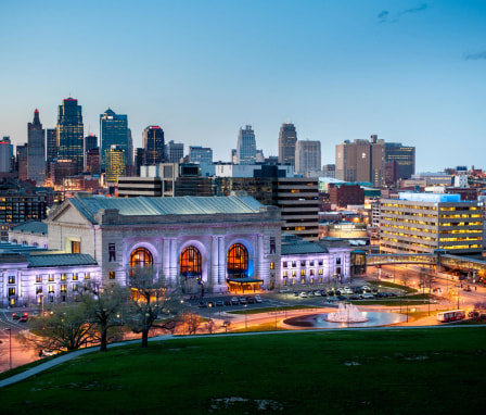 Union Station in downtown Kansas City, Missouri, at dusk.