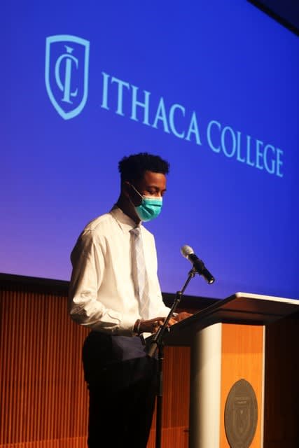 Déontae gives a speech to Ithaca's campus community as part of the All College Welcome event.