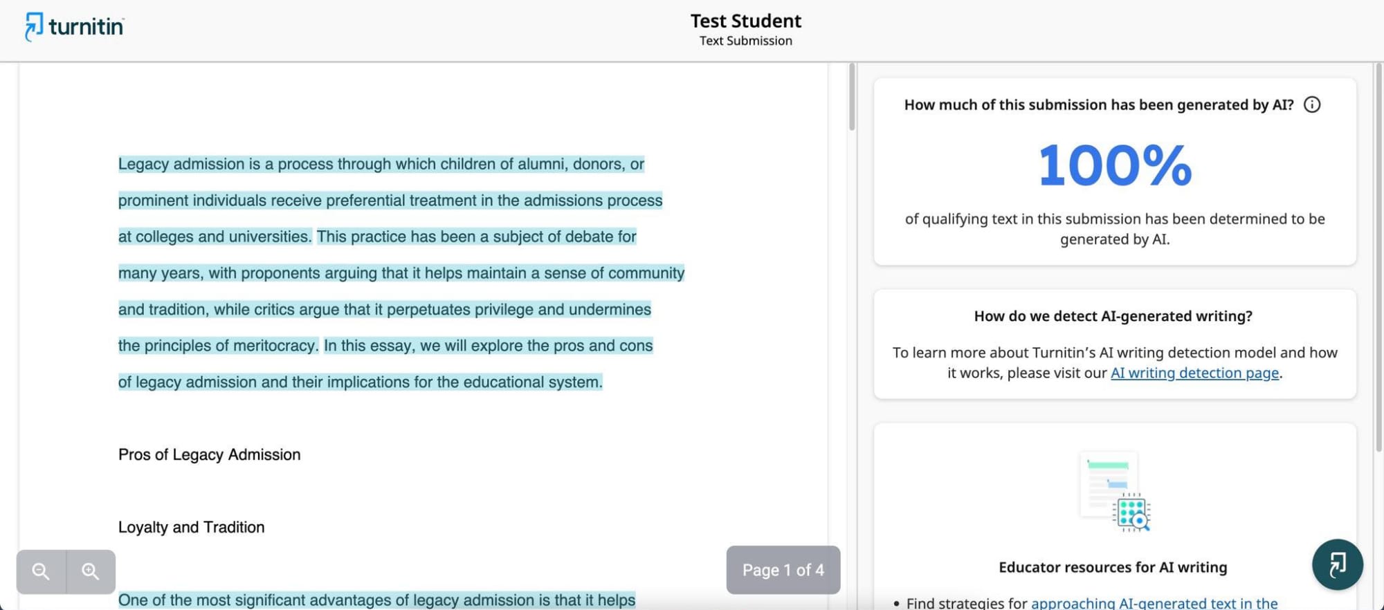 Screenshot of the Turnitin new AI detector.