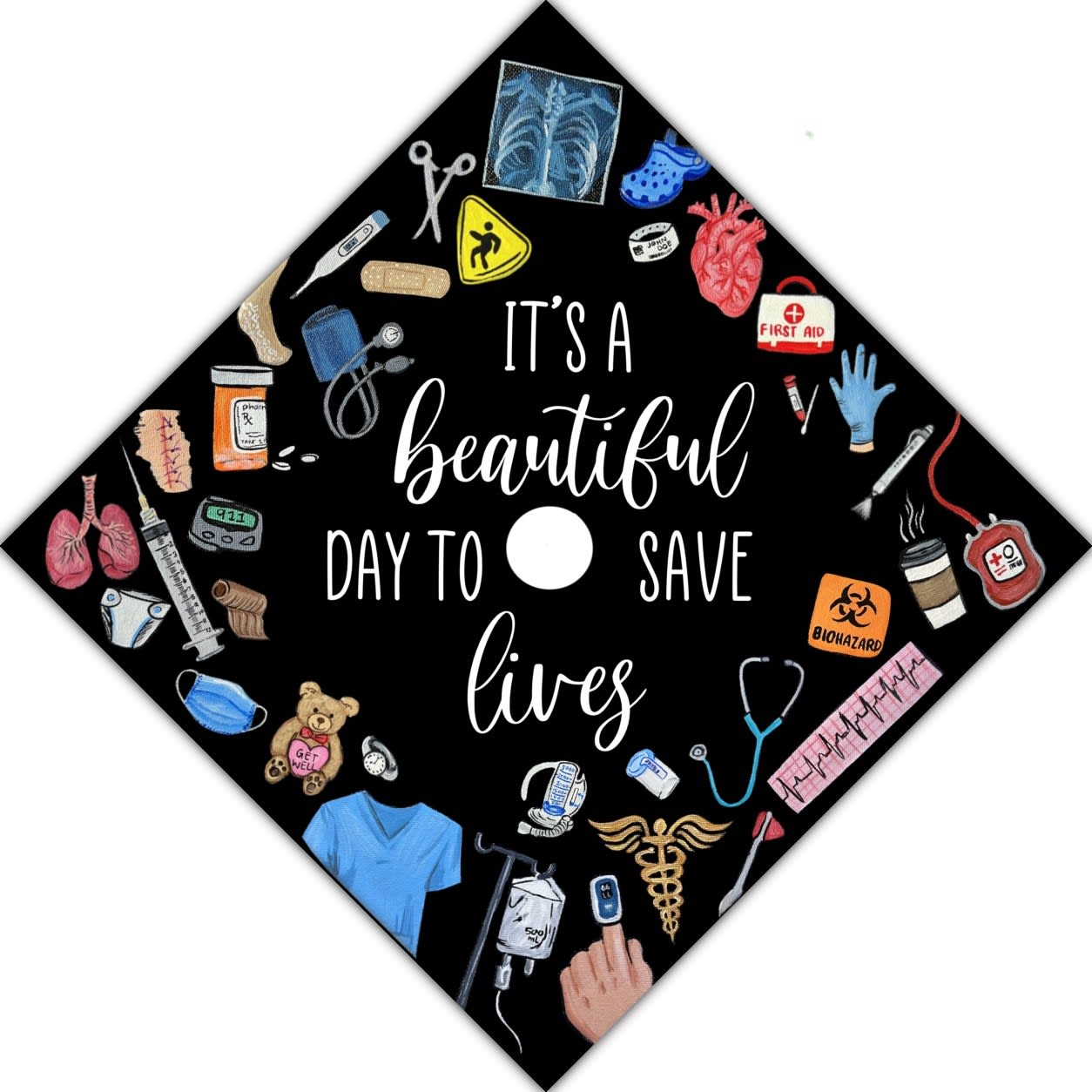 Graduation cap painted to celebrate the nursing profession.