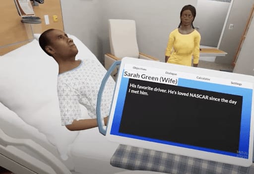 Screenshot of a virtual reality hospital scenario for a Winston-Salem State University class.