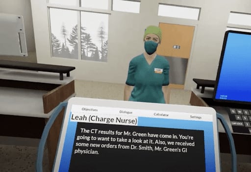 Screenshot of a virtual reality hospital scenario for a Winston-Salem State University class.