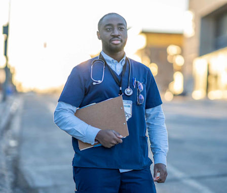 Flight nurse walking outside