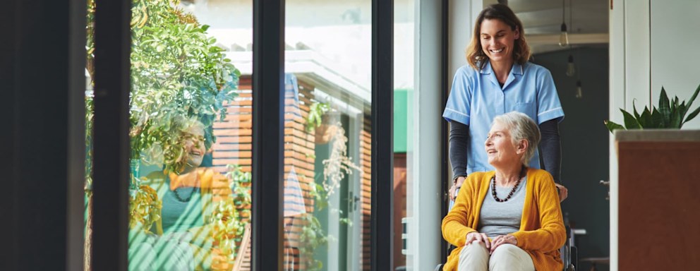 Nurse pushing patient in wheelchair past window