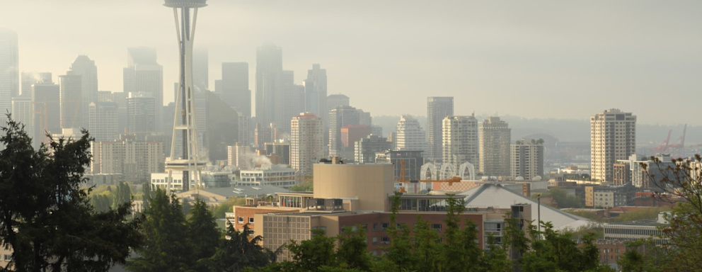 Foggy view of downtown Seattle, Washington skyline