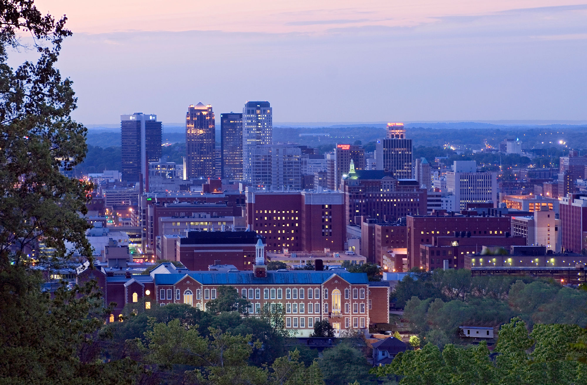 Downtown Birmingham, Alabama skyline with University of Alabama campus buildings in foreground
