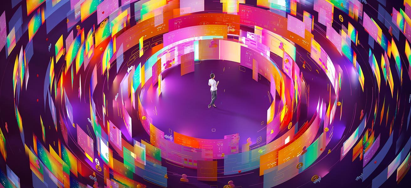 Person surrounded by screens