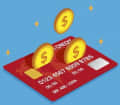 illustration of credit card with three coins falling into it
